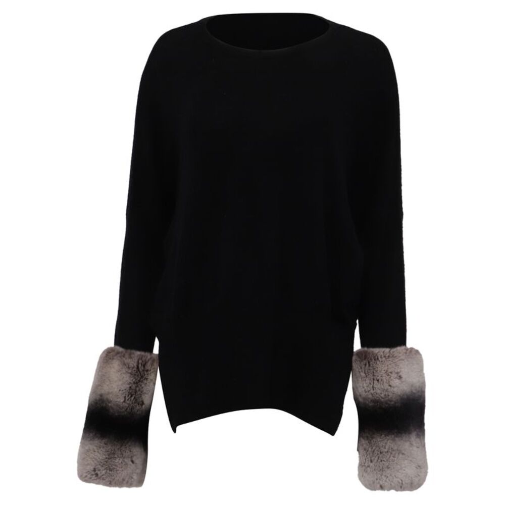 Izaak Azanei Fur Cuff Accent Sweater in Black Merino Wool